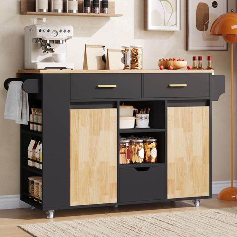 Isla de Cocina Móvil con 3 Cajones, Estantes Laterales y Encimera Abatible, para Cocina, MDF, Negro y Natural (1/5)