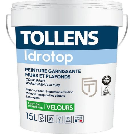 Tollens – Peinture acrylique velours blanche 15L – Finition satin douce – Lessivable – Rendement 10m²/L pour murs et plafonds (1/2)