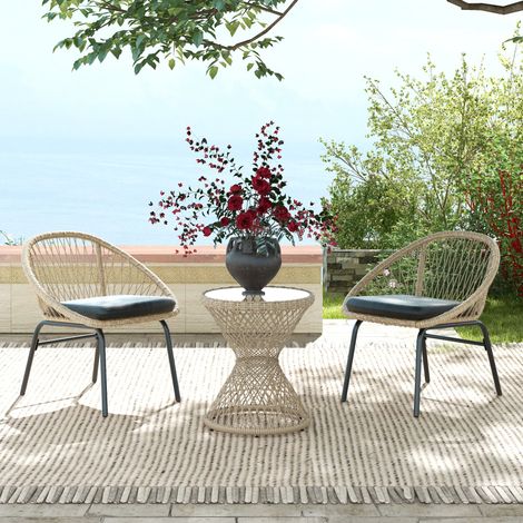 Table basse/table d'appoint de style bohème. Plateau en verre. Rotin PE. 45 cm x 45 cm x 52 cm. Naturel. (1/5)