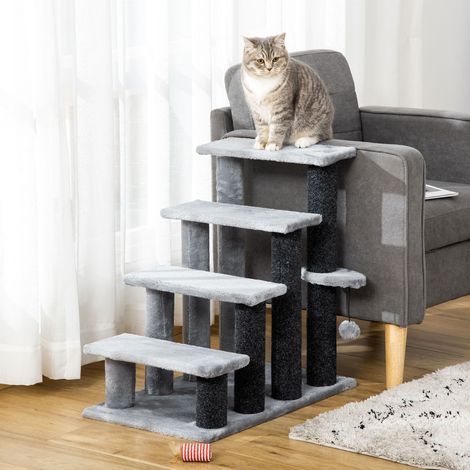 Escaliers pour chats 4 marches avec griffoirs en peluche et jute - couleur gris - hauteur 64 cm - design confortable - Robuste