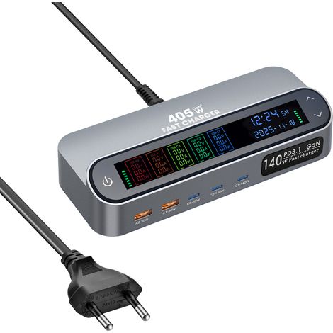 Station de charge rapide GaN 405 W avec écran LCD numérique et 8 ports USB-C PD3.1 multifonctionnels. (1/5)