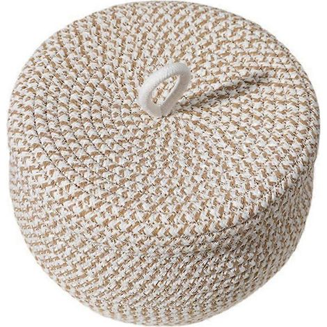 Panier rond décoratif en corde de coton tressée à la main avec couvercle, idéal pour le rangement. (1/4)