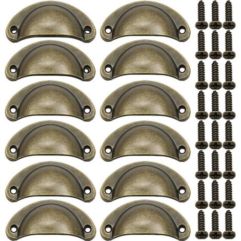 12 tiradores con forma de concha, de diseño semicircular vintage, para puertas de tocador (bronce). (1/4)