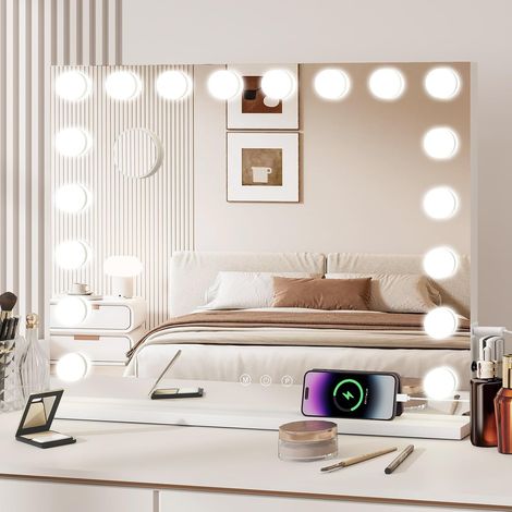 Hollywood Miroir Maquillage Lumineux 80X62.5cm, Miroir Coiffeuse LED 18 Lumières Dimmables,3 Couleurs, Contrôle Tactile, Montage Mural, Grossissant 10x (1/5)