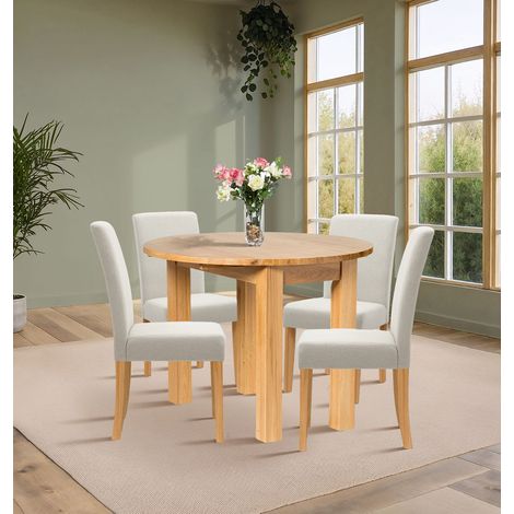 Hallowood Furniture Waverly Oak Round Dining Table and Chairs Set 4, Small Drop Leaf Kitchen Table and Chairs in Straight Back and Upholstered Beige Fabric for Home and Café (1/5)