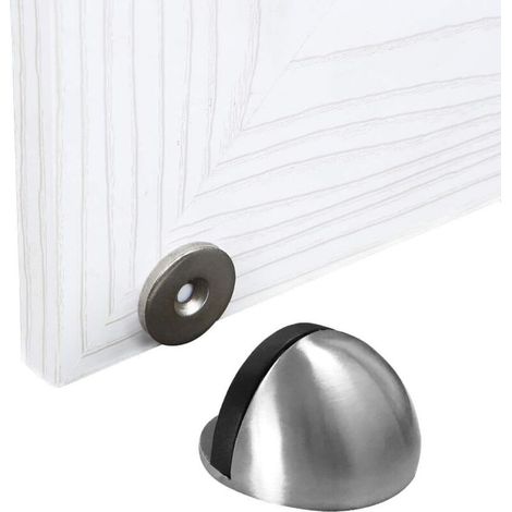 Magnetic Door Stop, Brushed Metal Door Stop with Self-Adhesive Backing, No Drilling Required, with Rubber Bumper (Silver) (1/4)