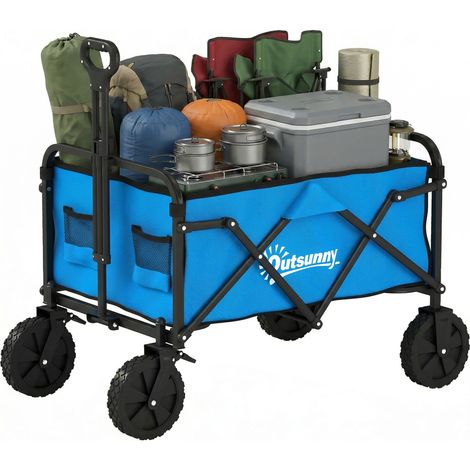 Carro plegable jardín 80 kg con ruedas bloqueables mango ajustable portavasos 85x50x99 cm azul