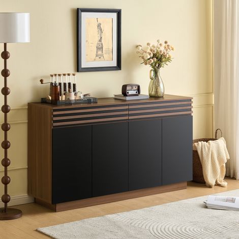 Credenza moderna 150 x 40 x 85 cm effetto legno marrone con ante nere, 2 cassetti e 4 ante (1/5)