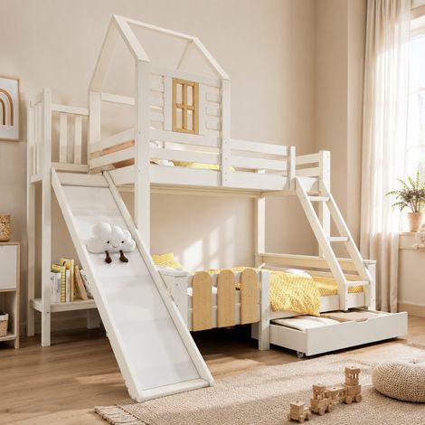 Litera 90/140x200 cm de madera blanca, con cajón para dormitorio infantil, sin colchón -FLORAGRACE (1/5)