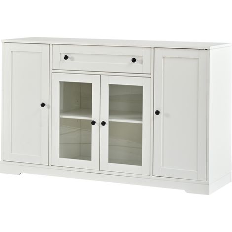 Aparador blanco con 4 puertas, 2 de cristal, 1 cajón, 138x40x83 cm (1/5)