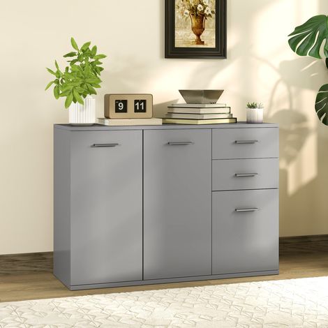 Modernes Sideboard mit 3 Schränken und 2 Schubladen, Holz, 106 x 35 x 76 cm, Hellgrau (1/5)