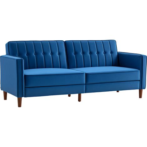 Velvet-Feel Three-Seater Sofa Bed - Blue