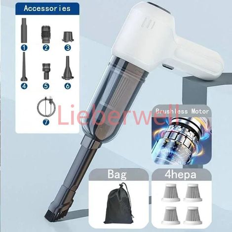 Mini aspirateur de voiture portable sans fil, nettoyeur puissant, machine à livres, aspiration de bain, 135000PA,Pro 4hepa White