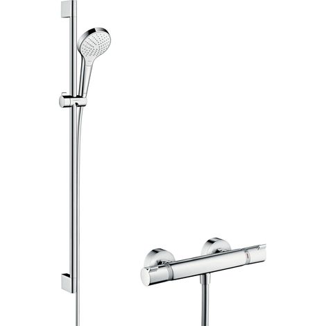 Hansgrohe Croma Select S - Set doccia Vario con termostato, 3 getti, asta doccia 90 cm, bianco/cromato 27014400