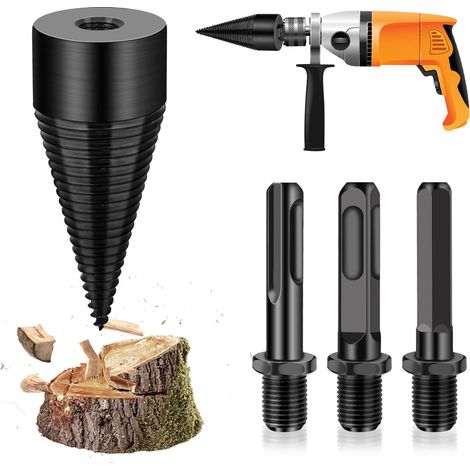 Broca para partir leña, cono helicoidal para partir leña, cono para partir leña, varilla cónica para partir leña, broca multifuncional para partir troncos, con 3 mangos: cuadrado, redondo y hexagonal 