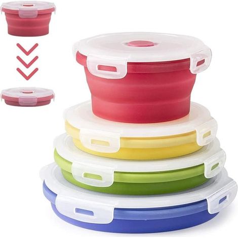 Portapranzo pieghevole in silicone - Contenitore portatile per alimenti - Set da 4 pezzi - Rotondo