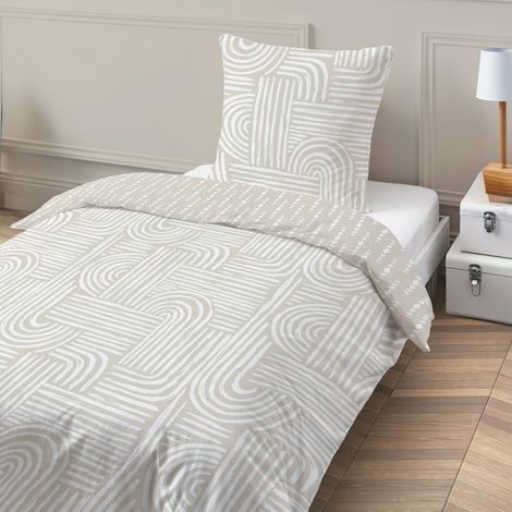 Parure de lit 1 personne en coton imprimé beige 140x200cm (1/4)