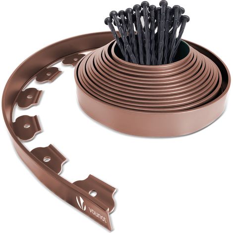 VOUNOT Plastic Garden Edging, Flexible Lawn Edging with Pegs, Brown 10m