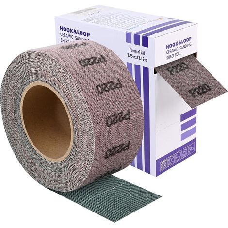 Rouleau de papier abrasif maille P220 auto-agrippant 70mm x 12m pour bois, métal, mur (1/5)