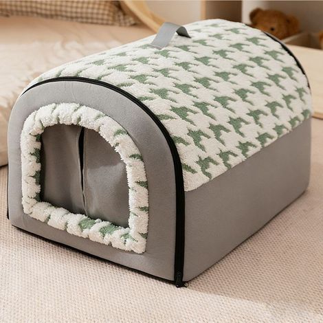 Niche pour Chien Fermée et Chaude,S:35x30x30cm,Maison Arrondie Type Igloo, Panier Chien/Chat Déhoussable, Confort 4 Saisons,Vert (1/5)