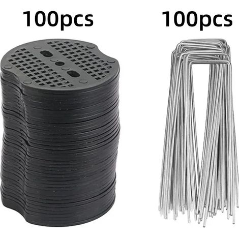(200 pièces) Piquets de jardin en forme de U avec rondelles de blocage pour fixer les filets anti-mauvaises herbes et accessoires de jardinage. (1/4)