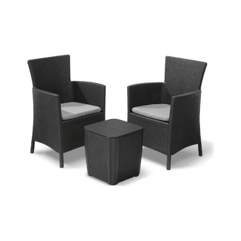 Coin salon balcon Iowa en re'sine effet polirattan deux fauteuils avec coussins et une table basse en graphite pour usage exte'rieur et inte'rieur