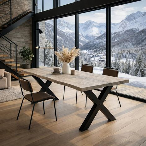 Table extensible chêne grisé bords naturels pieds en X 240 cm PALERME