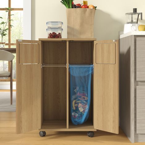 Meuble de rangement poubelle 2 bacs, armoire de cuisine roulante effet bois chêne, placard de tri sélectif double porte avec roues, pour cuisine et séjour, 46,7 x 35 x 80 cm (1/5)