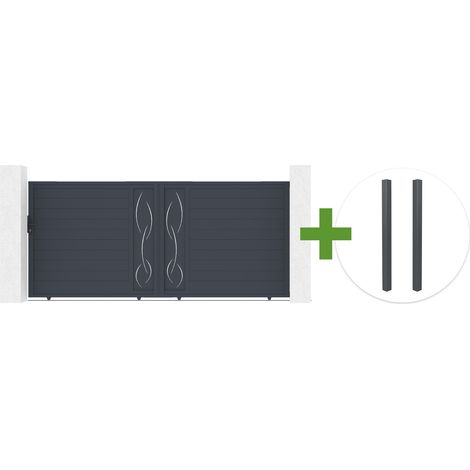 Portail coulissant 4m LIFE H.180cm aluminium gris + 2 poteaux ELDA aluminium gris 15x15cm (1/5)