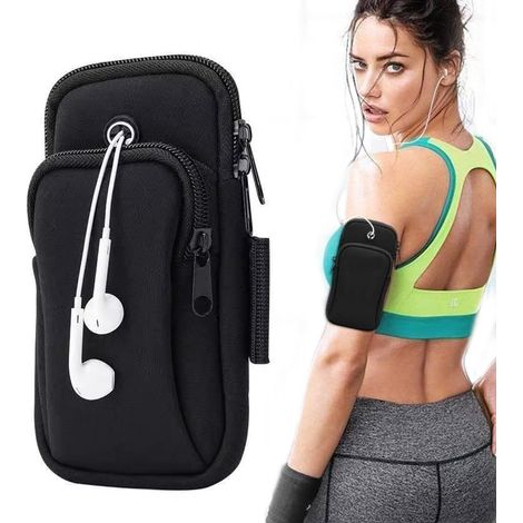 Fascia da braccio sportiva con apertura per cuffie e custodia per telefono, ideale per corsa, allenamento, jogging e fitness (nero) (1/5)