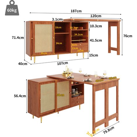 Table de bar pivotante 360° (corps : 107 x 40 x 71,4 cm), table marron extensible avec rangement, porte en rotin et étagère ouverte, parfaite pour cuisine et salle à manger. (1/5)
