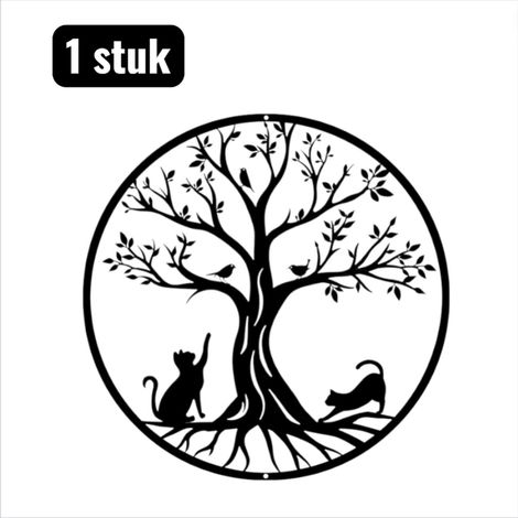 pièce - Décoration murale - 30 cm - Métal - Silhouette minimaliste en fer pour salon et chambre - Ornement mural moderne - Motif chat dans un arbre - Noir (1/5)