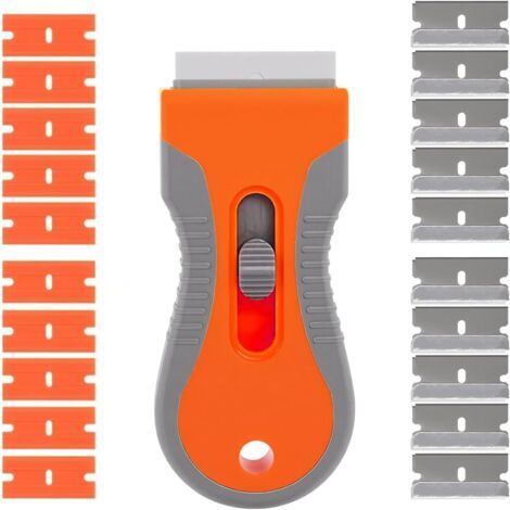 QORVA-Grattoir pour plaque vitrocéramique, peinture pour vitres, plancha multifonction orange avec lame remplaçable et 10 lames en plastique, 10 lames métalliques pour nettoyer les autocollants de cui