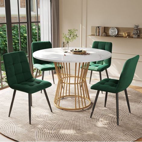 Conjunto de mesa y 4 sillas, mesa redonda 100 cm, MDF y terciopelo verde DESVIAE (1/5)
