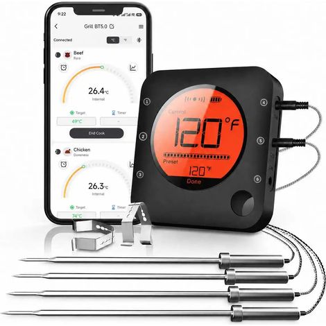 Thermomètre à viande Bluetooth (4 sondes), adapté aux fumoirs, aux grils et aux fours. (1/5)