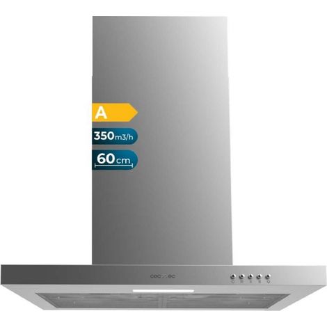 Cecotec Hotte aspirante 60 cm Type T Bolero Flux TM 603500 Inox A. Puissance de Aspiration 350m3/h, Moteur 70W, Control Mécanique, 3 niveaux de Puissance, lumière et filtre de Carbone, Inox (1/5)