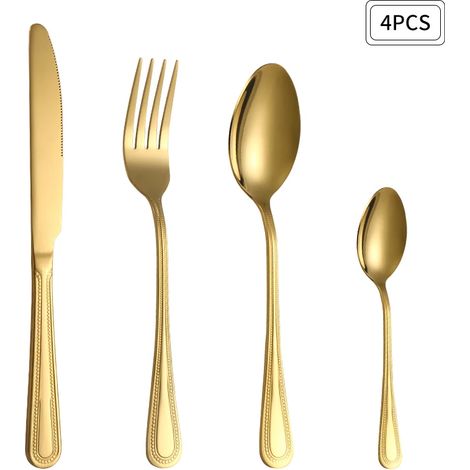 (4 pièces or) Ensemble de couverts en acier inoxydable doré, comprenant un couteau, une fourchette, une cuillère et un couteau et une fourchette à steak. (1/5)