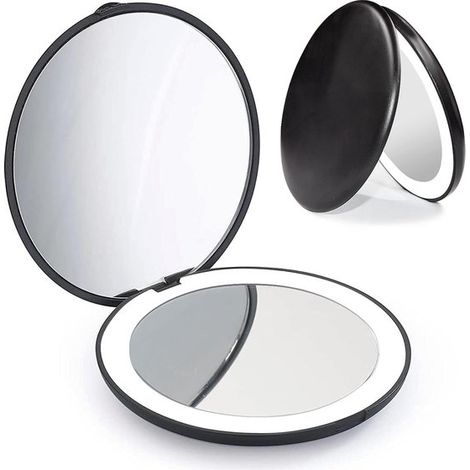 Miroir de maquillage LED 1x/2x grossissement, lumière solaire simulée 6500K, noir, portable pour voyage (1/4)
