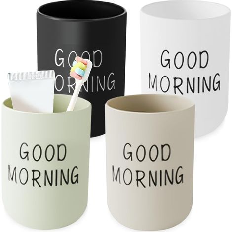 Set di 4 bicchieri portaspazzolini in plastica: multicolori, riutilizzabili, per il bagno, bicchieri portatili per coppie, adulti (bianco, nero, verde, kaki) (1/5)