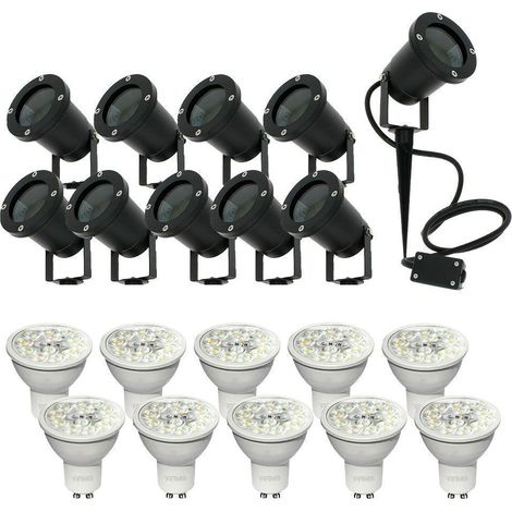 Arum Lighting – Lot de 10 spots piquets étanches IP65 – 10 ampoules GU10 6W – 3 teintes d'éclairage – 500 lumens – Câble 120 cm pour installation facile (1/5)