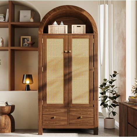 Armario ropero (181x78x45 cm), con forma de arco, 2 puertas, 2 cajones, barra para colgar, madera MDF y metal, color nogal (1/5)