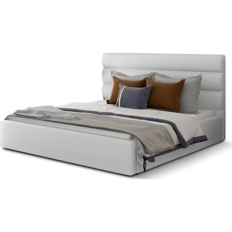 Lit adulte avec coffre de rangement Klarina - Simili cuir rembourré-Blanc-180x200 (1/5)