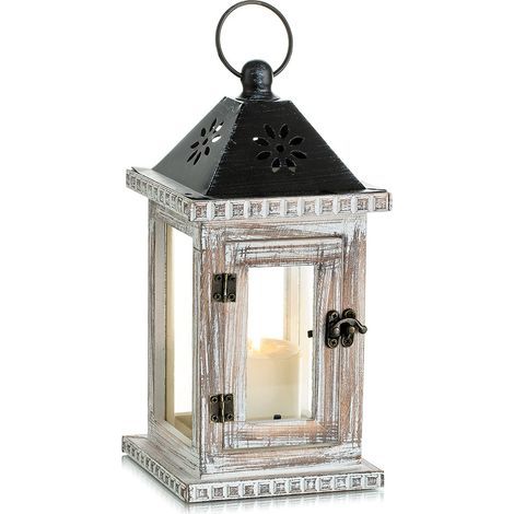 Lanterne Bougie Bois Exterieur, 28cm Lanterne Decorative Bougeoir Vintage,Table Maison Jardin Deco, Blanc (1/5)
