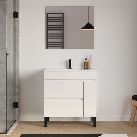 Meuble de salle de bain 70cm simple vasque sur pieds avec porte et tiroirs - blanc brillant - LAZARO (1/5)