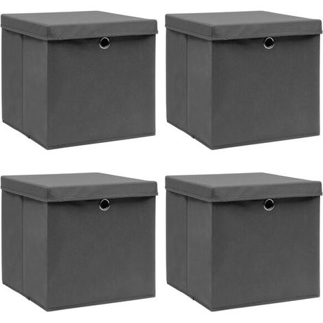 Boîtes de rangement avec couvercles, lot de 4, grises, 32x32x32 cm, en tissu. (1/5)
