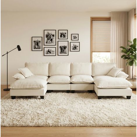 Canapé modular en chenilla beige 332x151x90 cm, 6 plazas con otomana móvil y brazos acolchados (1/5)