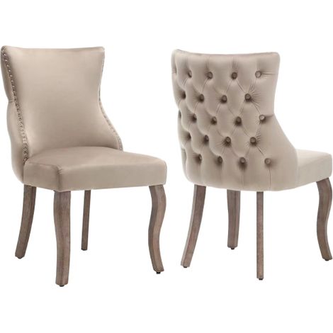 Chaises de salle à manger (Lot de 4) — Assises rembourrées avec finition cloutée, tissu velours, pieds incurvés en bois massif, beige (1/5)
