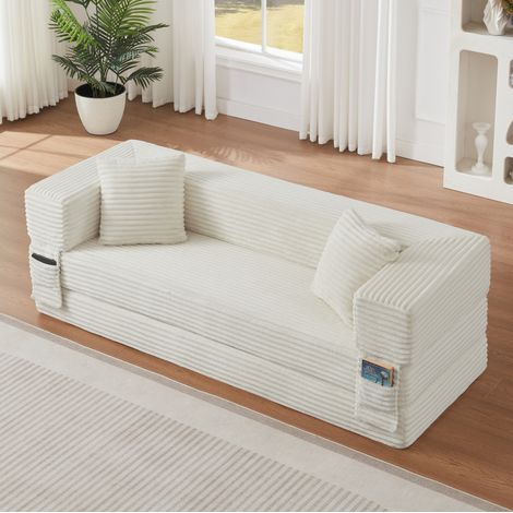 Divano letto bianco in schiuma con rivestimento in velluto a coste e design quadrato classico, 200x76x62 cm (1/5)