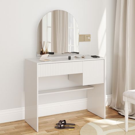 Coiffeuse 90x40x135 cm blanche avec miroir arqué, 2 tiroirs et étagère, MDF, MEUBLIV (1/5)