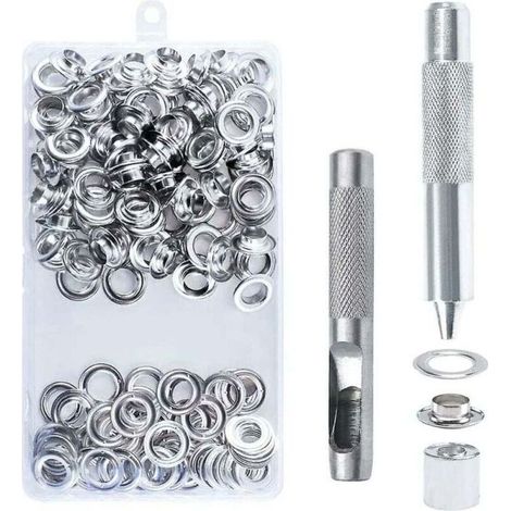 Kit de 100 œillets métalliques de 14 mm avec outils, idéal pour la réparation de bâches, toiles et tentes (couleur argent). (1/5)
